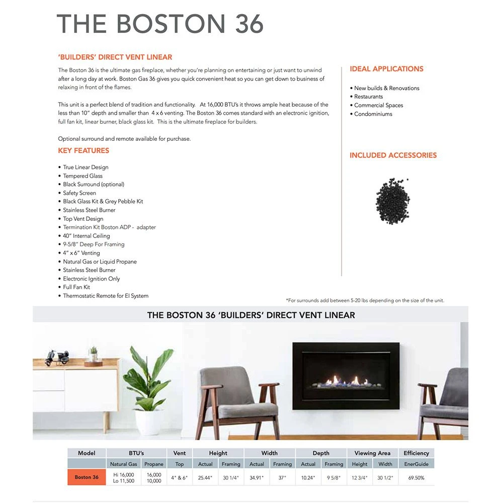 Sierra Flame BOSTON-36-EI 36-Inch Boston Direct Vent Built-In Gas Fireplace With Electronic Ignition, Fireglass And Pebble Media 5 Sierra Flame BOSTON-36-EI 36-Inch Boston Direct Vent Built-In Gas Fireplace With Electronic Ignition, Fireglass And Pebble Media - Image 3