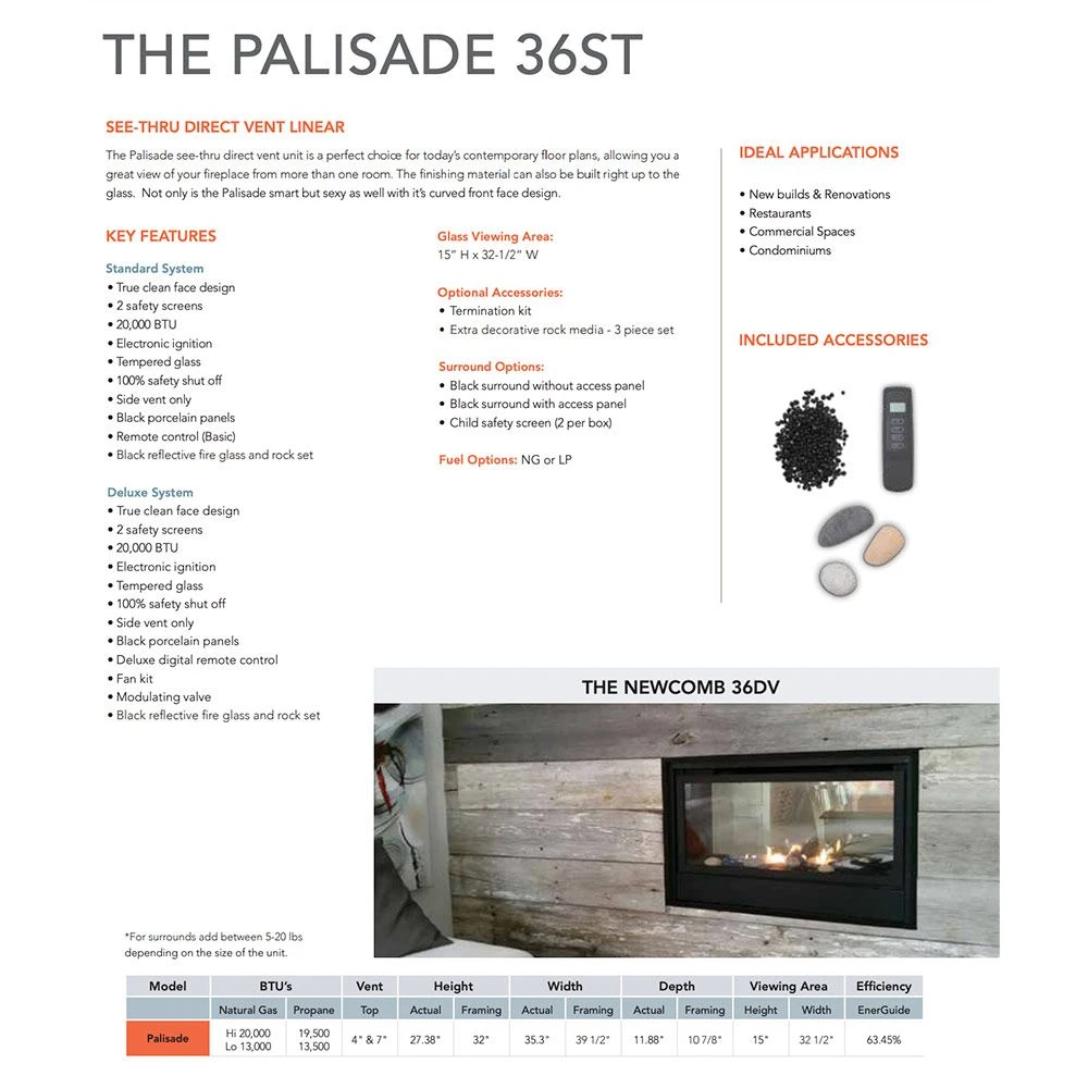 Sierra Flame PALISADE-36-DELUXE 36-Inch Palisade Deluxe Direct Vent See-Through Built-In Gas Fireplace With Fireglass And Rock Media 7 Sierra Flame PALISADE-36-DELUXE 36-Inch Palisade Deluxe Direct Vent See-Through Built-In Gas Fireplace With Fireglass And Rock Media - Image 5