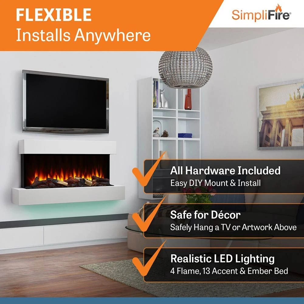 SimpliFire SF-FORMAT36-SF-FM43-WH Format 36-Inch Wall Mount Electric Fireplace With 43-Inch Floating Mantel 5 SimpliFire SF-FORMAT36-SF-FM43-WH Format 36-Inch Wall Mount Electric Fireplace With 43-Inch Floating Mantel - Image 3