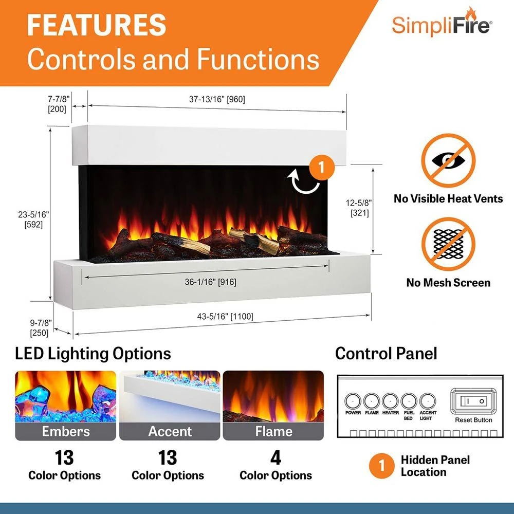 SimpliFire SF-FORMAT36-SF-FM43-WH Format 36-Inch Wall Mount Electric Fireplace With 43-Inch Floating Mantel 7 SimpliFire SF-FORMAT36-SF-FM43-WH Format 36-Inch Wall Mount Electric Fireplace With 43-Inch Floating Mantel - Image 5