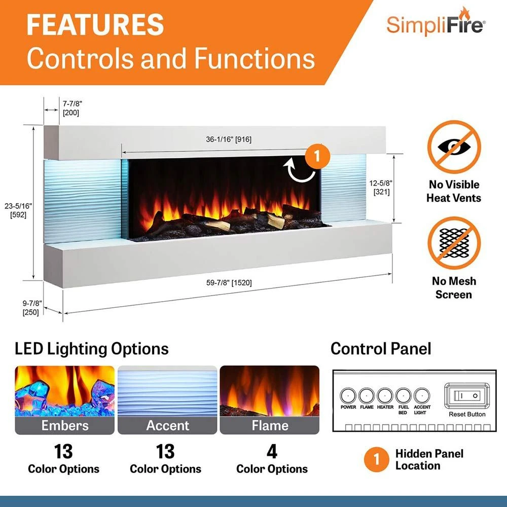 SimpliFire SF-FORMAT36-SF-FM60-WH Format 36-Inch Wall Mount Electric Fireplace With 60-Inch Floating Mantel 7 SimpliFire SF-FORMAT36-SF-FM60-WH Format 36-Inch Wall Mount Electric Fireplace With 60-Inch Floating Mantel - Image 5