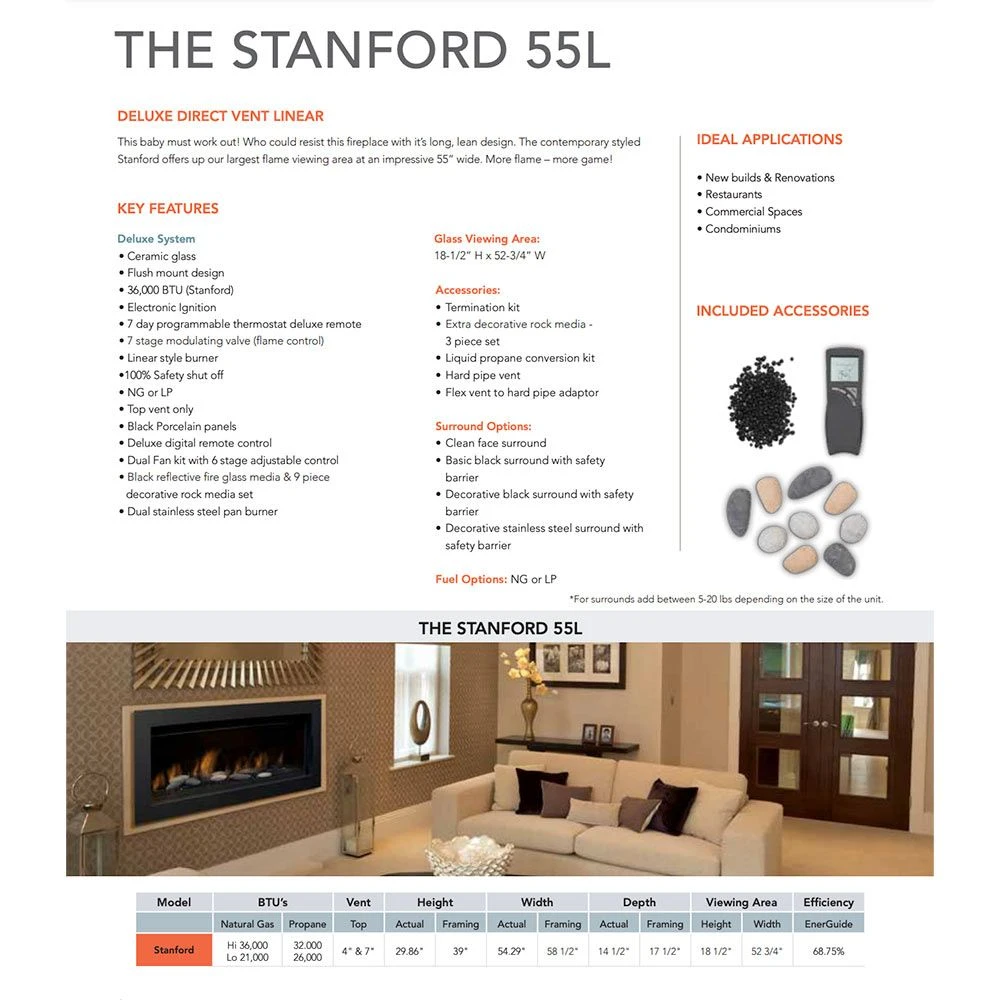 Sierra Flame STANFORD-55G-DELUXE 55-Inch Stanford Direct Vent Built-In Linear Gas Fireplace With Fireglass And Rock Media 7 Sierra Flame STANFORD-55G-DELUXE 55-Inch Stanford Direct Vent Built-In Linear Gas Fireplace With Fireglass And Rock Media - Image 5