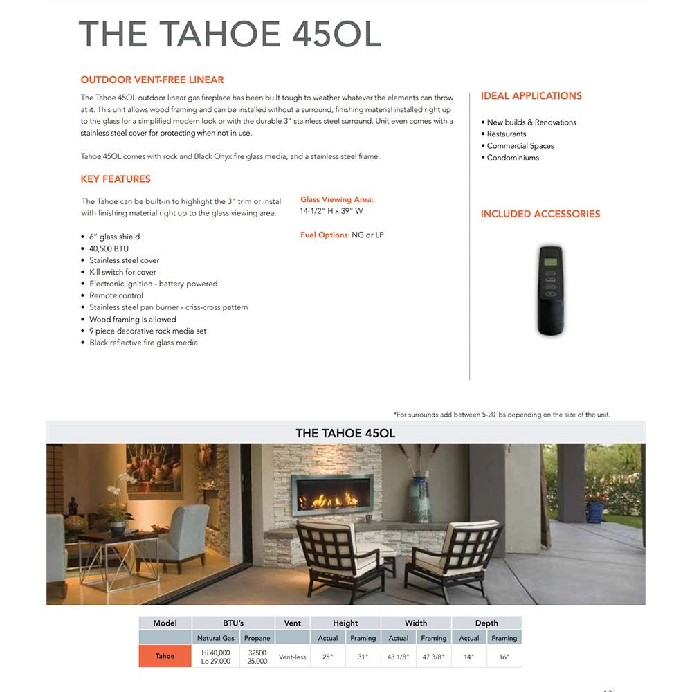 Sierra Flame TAHOE-45 45-Inch Tahoe Outdoor Vent-Free Linear Built-In Gas Fireplace With Electronic Ignition, Remote Control And Media Set 5 Sierra Flame TAHOE-45 45-Inch Tahoe Outdoor Vent-Free Linear Built-In Gas Fireplace With Electronic Ignition, Remote Control And Media Set - Image 3